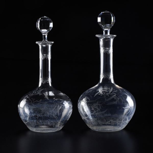 Due bottiglie con tappo “Mimosa” Francia, Manifattura Baccarat, inizi del XX secolo