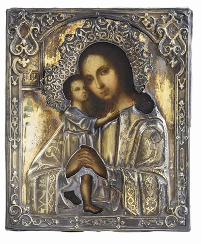 Madonna con Bambino. Icona su Tavola, Russia, XVIII-XIX Secolo. Riza. Mosca, 186(?). Marchi del S...