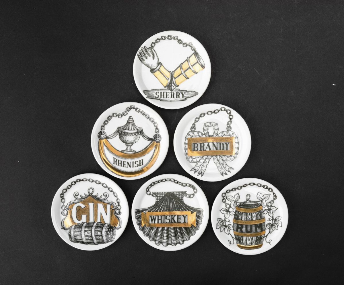 Sei Sottobicchieri Serie “vini e Liquori”milano, Primi Anni'60design di Piero Fornasetti (1913-19...