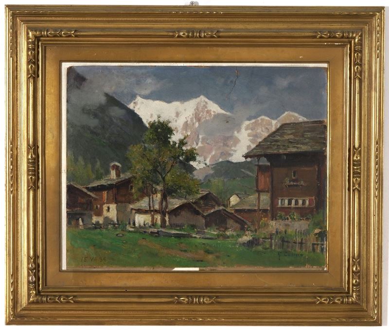 Giovanni Colmo : Paesaggio montano con baite  - olio su cartone - Asta Dipinti del XIX e XX secolo - Cambi Casa d'Aste