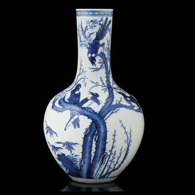 Vaso a Bottiglia in Porcellana Bianca e Blu a Decoro di Uccelli su Rami, Cina, Dinastia Qing, Epo...