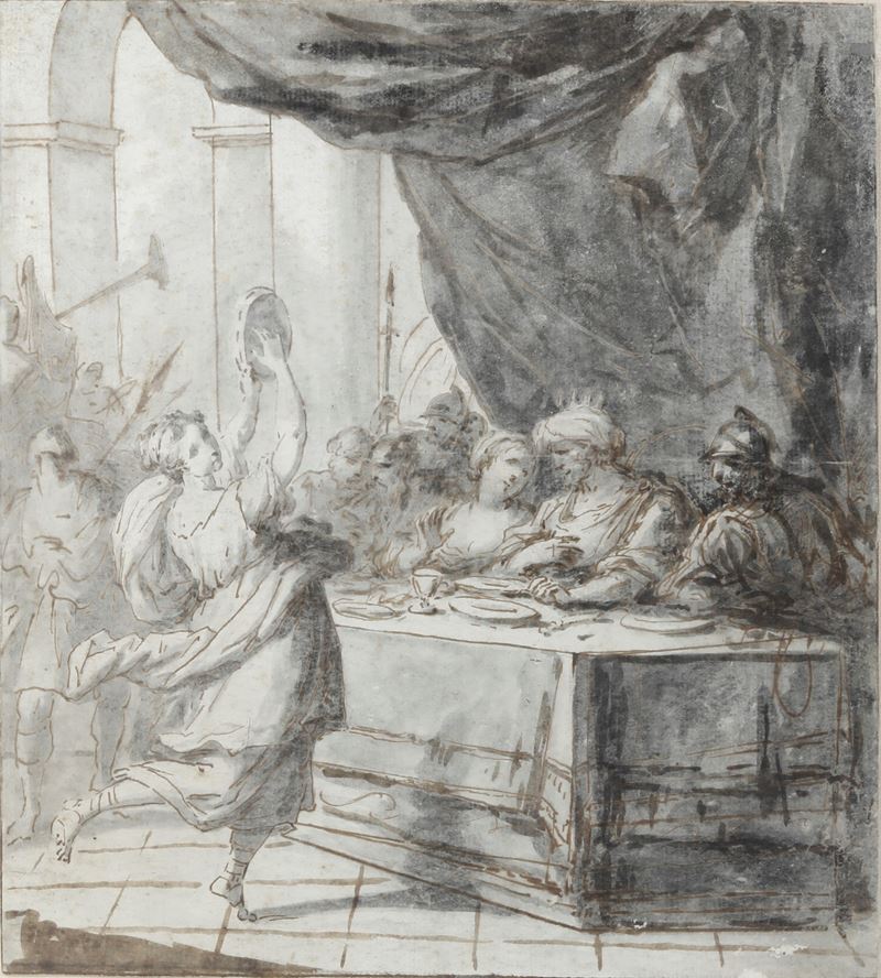 Scuola bolognese del XVIII secolo Banchetto di Erode  - penna, inchiostro bruno e acquerello grigio su carta - Auction Old Masters - Cambi Casa d'Aste