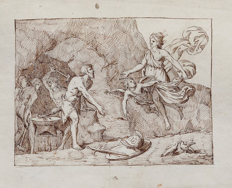 Scuola del XVIII secolo Venere e Vulcano  - penna e inchiostro su carta - Asta Dipinti Antichi - Cambi Casa d'Aste
