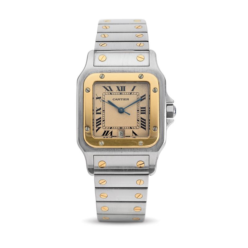 Cartier : Iconic Santos Lady steel and 18 k yellow gold, quartz movement, argentè dial with Roman numerals and date window at six o'clock  - Auction Watches - Cambi Casa d'Aste