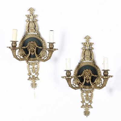 Coppia di Appliques a Due Luci in Bronzo Dorato. XIX Secolo