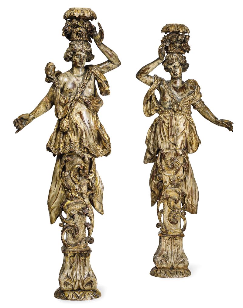 Coppia di cariatidi che reggono cesti di frutta. Veneto, seconda metà del XVII secolo  - Asta Scultura e Oggetti d'Arte - Cambi Casa d'Aste