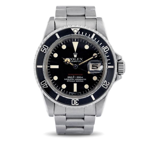Rolex - Submariner ref 1680 "Red Writing" Mark V, matte black dial with tritium indexes, metallic black rotating bezel accompanied by original punched warranty