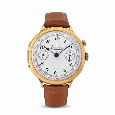 Elegante Chrono Monopulasante da Pilota in Oro Giallo 18 Kt, Cassa a Cerniera, Quadrante Smalto B...