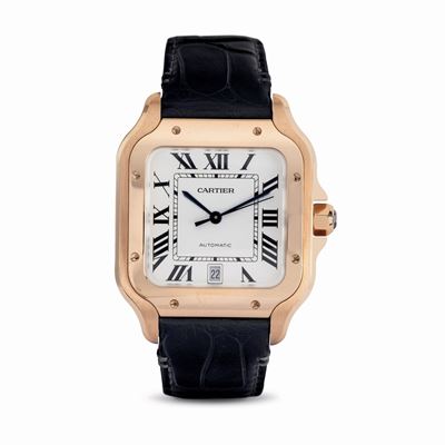 Santos in Oro Rosa 18k, Movimento Automatico con Quadrante Argentè e Numeri Romani, Corredato da ...