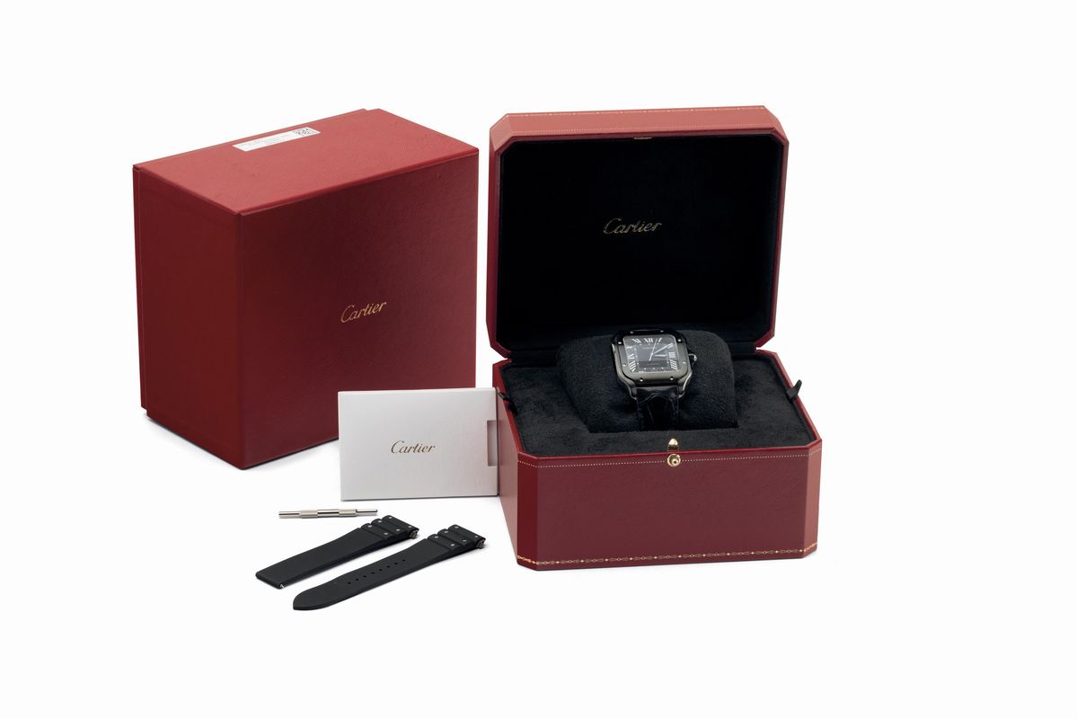 Cartier - Santos Automatico in Acciaio Trattamento Dlc, Quadrante Nero con Numeri Romani Bianchi ...