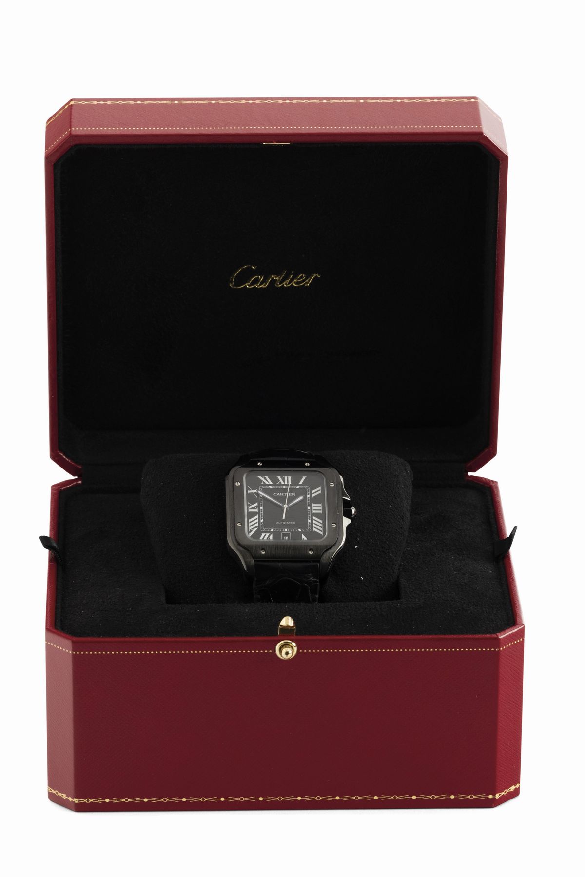 Cartier - Santos Automatico in Acciaio Trattamento Dlc, Quadrante Nero con Numeri Romani Bianchi ...