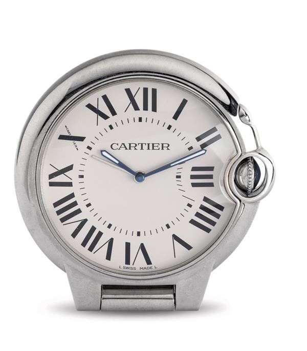Cartier - Elegant Ballon Blue stainless steel travel alarm clock, Silver dial with Roman numerals and luminous hands