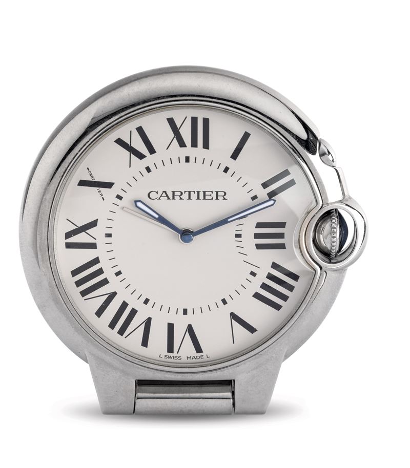 Cartier : Elegant Ballon Blue stainless steel travel alarm clock, Silver dial with Roman numerals and luminous hands  - Auction Watches - Cambi Casa d'Aste