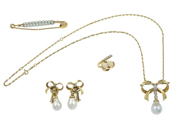 Group of gold, cultured pearl and diamond jewels