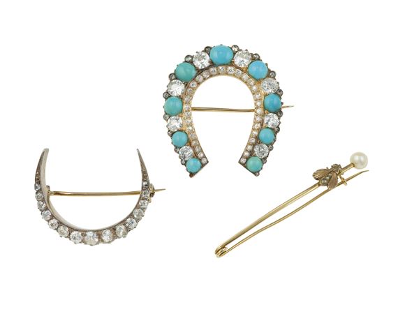 Three gold, diamonds, turquoise and pearl brooches