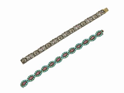 Lotto di bracciali in oro 750/1000 con turchesi e rubini, e con rubini e piccoli diamanti