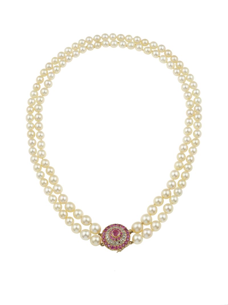 Cultured pearl, ruby and diamond necklace  - Auction Fine Jewels - Cambi Casa d'Aste