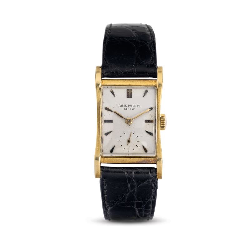 Patek Philippe : Elegant rectangular-shaped watch ref 2456 in 18k yellow gold, manual winding, silver dial with applied hour markers and small seconds at six o'clock  - Auction Watches - Cambi Casa d'Aste