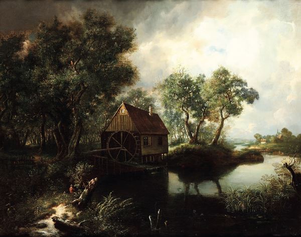 Scuola olandese del XIX secolo Paesaggio con mulino