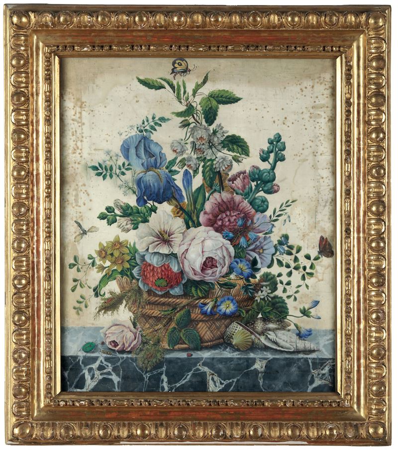 Scuola del XVIII secolo Cesto di fiori  - olio su seta - Asta Dimore Italiane - Cambi Casa d'Aste