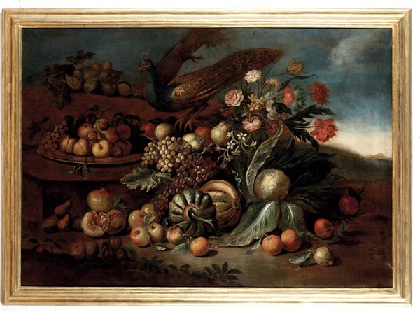 Scuola del XVIII secolo Natura morta con fiori, frutti, ortaggi e pavone