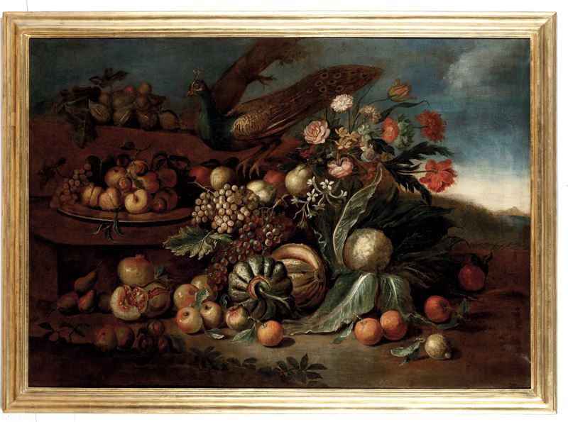 Scuola del XVIII secolo Natura morta con fiori, frutti, ortaggi e pavone  - olio su tela - Asta Dimore Italiane - Cambi Casa d'Aste