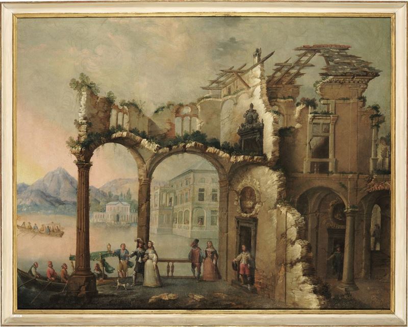 Antonio Travi detto il Sestri : Paesaggio con palazzo nobiliare in rovina e imbarcazioni  - olio su tela - Auction Old Masters - Cambi Casa d'Aste