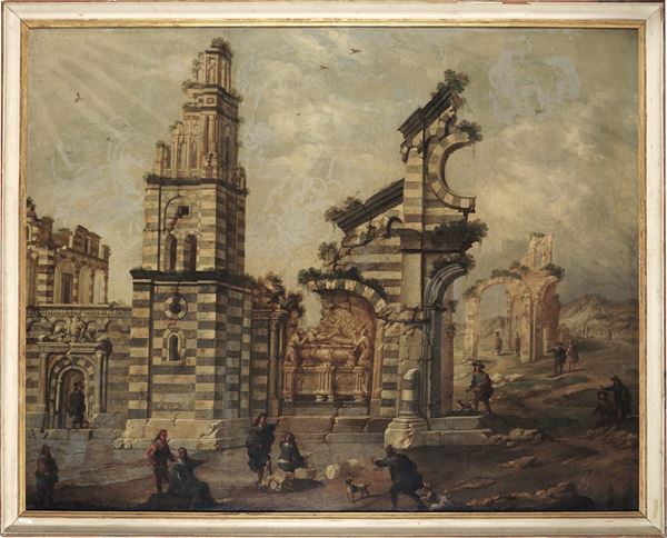Paesaggio con chiesa in rovina e figure