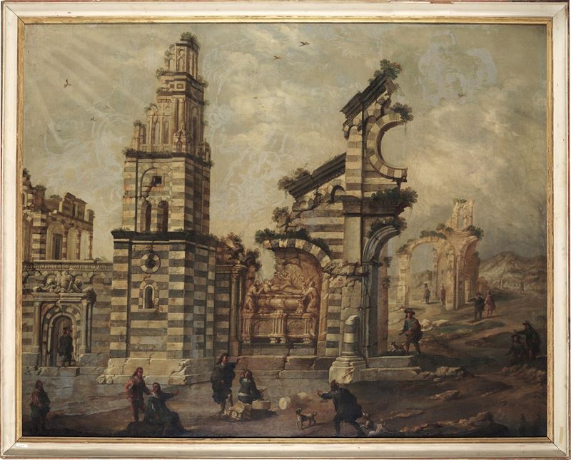 Antonio Travi detto il Sestri : Paesaggio con chiesa in rovina e figure  - olio su tela - Asta Old Masters - Cambi Casa d'Aste