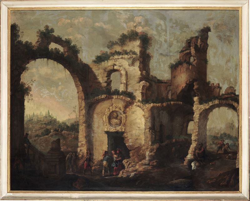 Antonio Travi detto il Sestri : Paesaggio con palazzo nobiliare in rovina e figure  - olio su tela - Asta Old Masters - Cambi Casa d'Aste