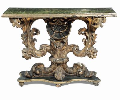 Tavolo da Parete in Legno Intagliato, Dorato e Dipinto. Arte Barocca Italiana del XVII-XVIII Seco...