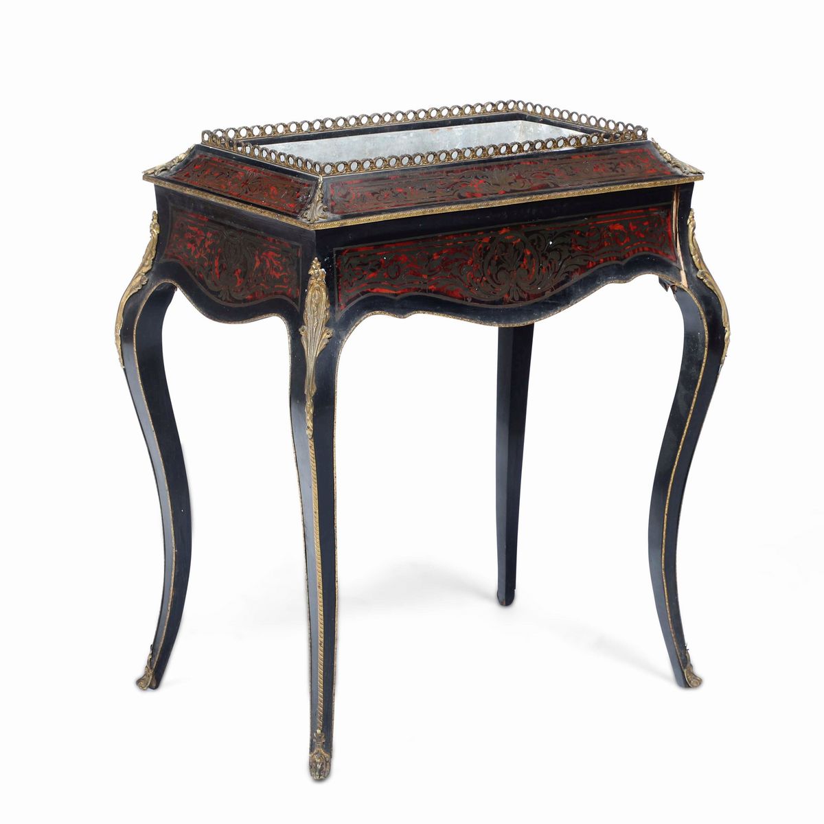 Coppia di Fioriere in Legno Ebanizzato e Decoro in Bronzo e Metallo Dorato Stile Boulle, Francia ...
