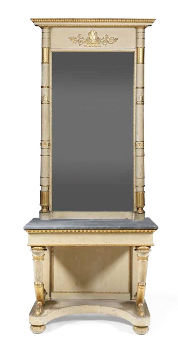 Console con specchiera in legno laccato e dorato. XIX secolo