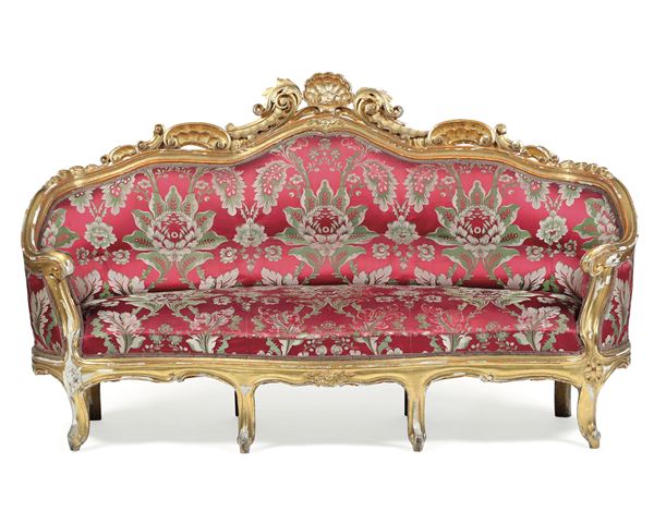 Coppia di divani Luigi Filippo in legno intagliato e dorato, XIX secolo