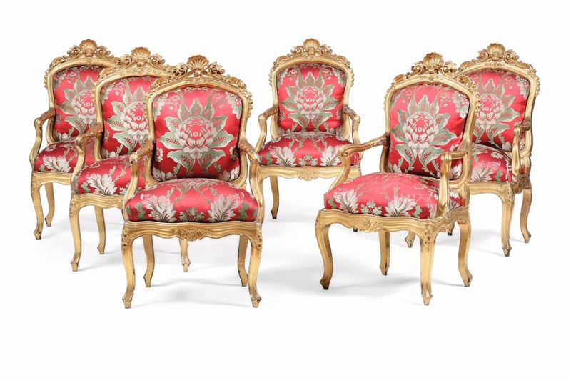 Sei poltrone Luigi Filippo in legno intagliato e dorato. XIX secolo  - Auction Italian Mansions - Cambi Casa d'Aste