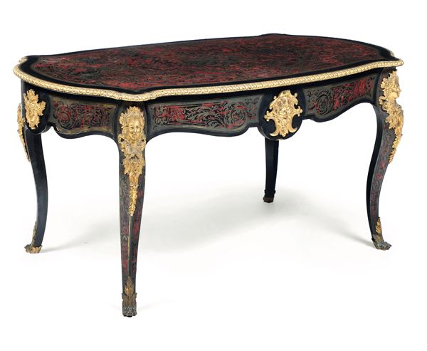 Tavolo in legno ebanizzato e decoro in bronzo e metallo dorato stile Boulle, Francia XIX secolo
