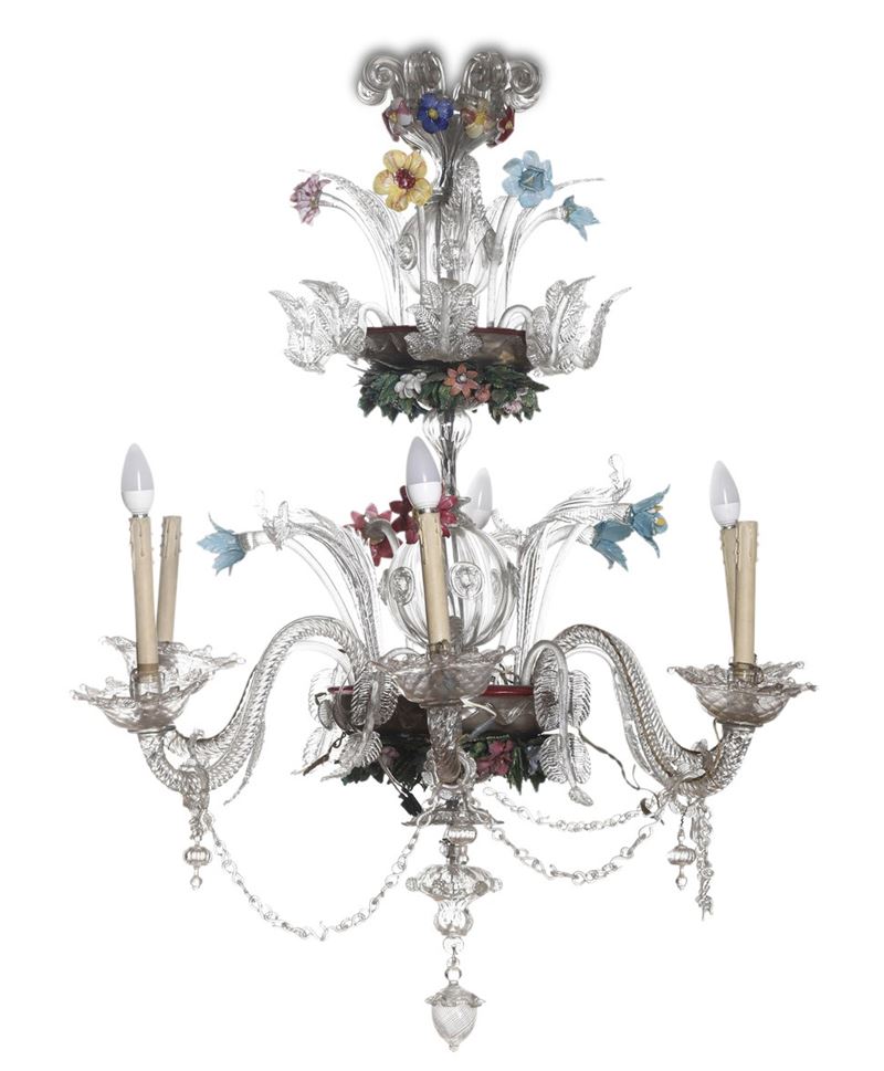 Lampadario in vetro di Murano a sei luci. XX secolo  - Auction Antique - Cambi Casa d'Aste