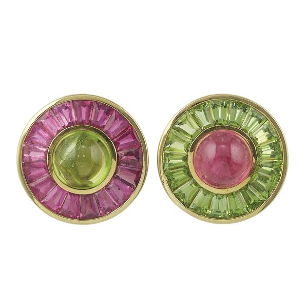 Pair of tourmaline and peridot earclips. Signed Capello
