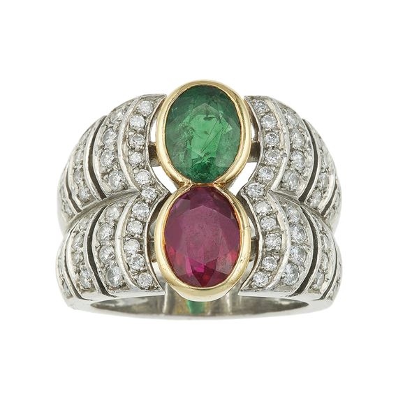 Ruby, emerald, diamond, platinum and gold ring. Signed Capello