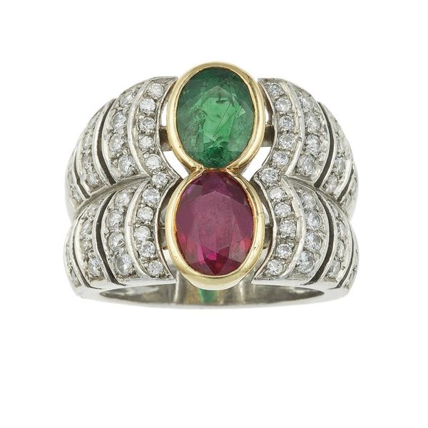 Ruby, emerald, diamond, platinum and gold ring. Signed Capello