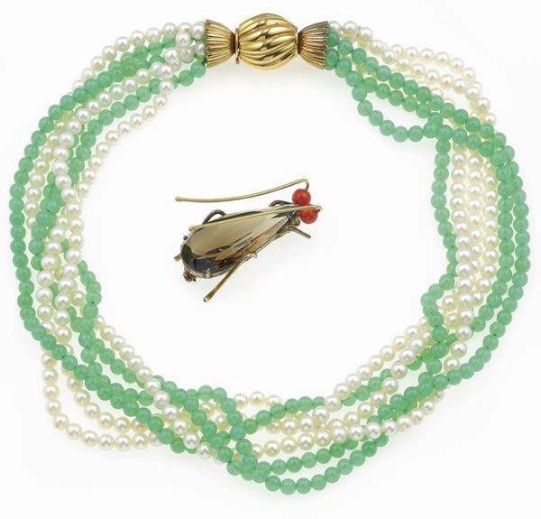 Multi-strand choker with cultured pearls and green chalcedony, and a "bug" brooch with smoky quartz, coral, gold and silver