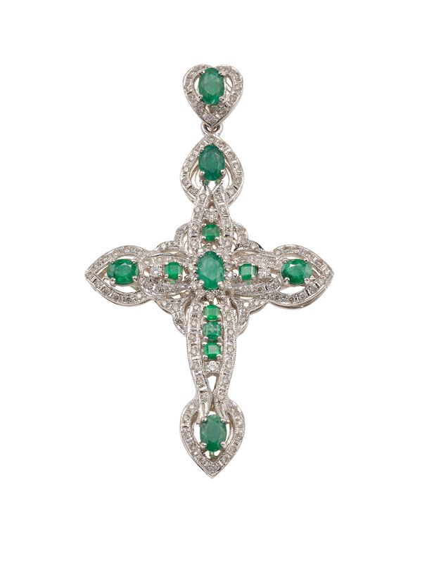 Emerald and diamond cross pendant