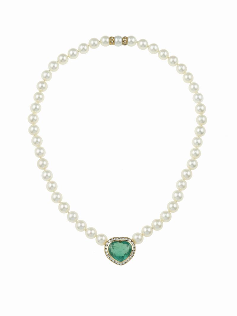 Cultured pearl, emerald, diamond and gold necklace  - Auction Fine Jewels - Cambi Casa d'Aste