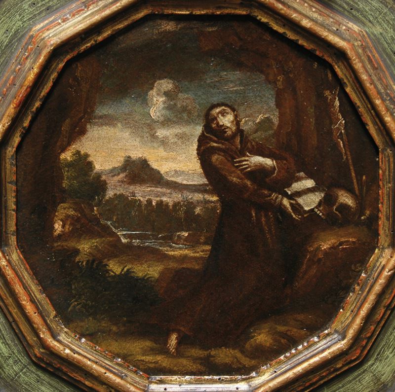 Antonio Francesco Peruzzini : San Francesco in adorazione  - olio su tela applicata su tavola - Asta Dipinti Antichi - Cambi Casa d'Aste