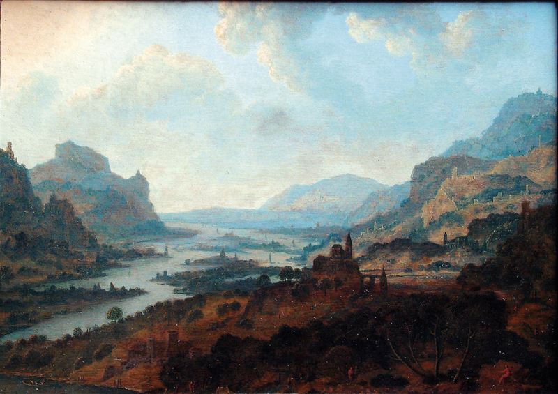 Jan Griffier : Paesaggio collinare con fiume  - olio su tavola - Asta Dipinti Antichi - Cambi Casa d'Aste