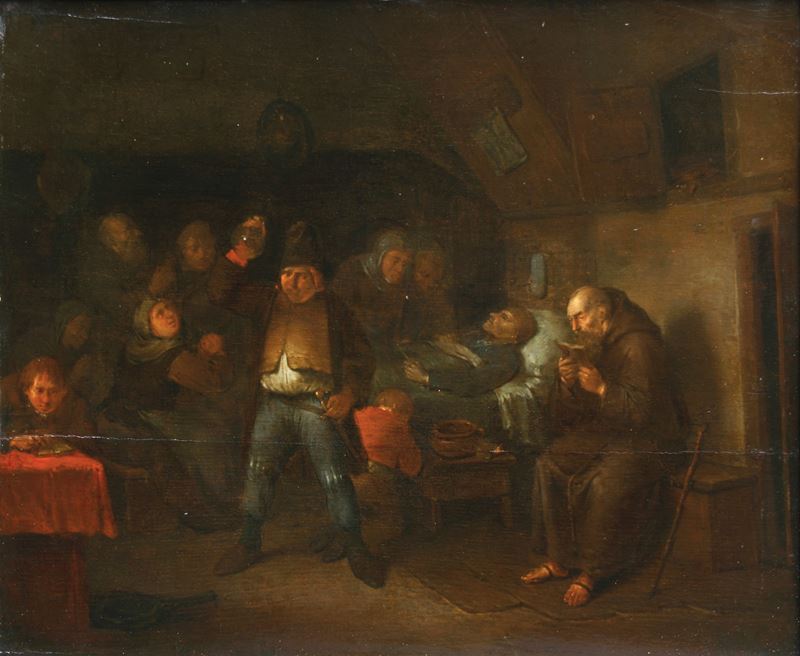 Egbert Van Heemskerck : Familiari al capezzale del malato  - olio su tavola - Asta Dipinti Antichi - Cambi Casa d'Aste