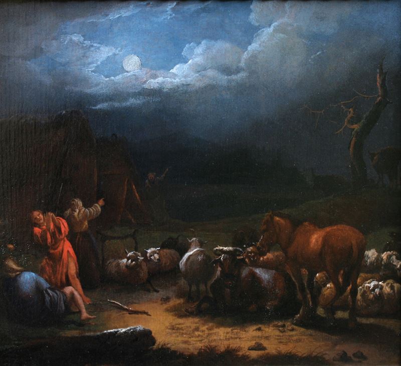 Adam Colonia : Notturno con pastori e armenti  - olio su tavola - Auction Old Masters - Cambi Casa d'Aste