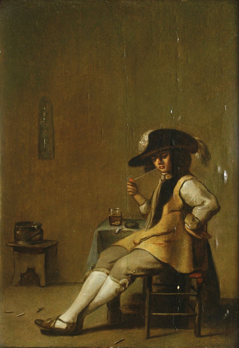 Scuola del XVIII secolo Interno con figura di fumatore seduto  - olio su tavola - Asta Dipinti Antichi - Cambi Casa d'Aste