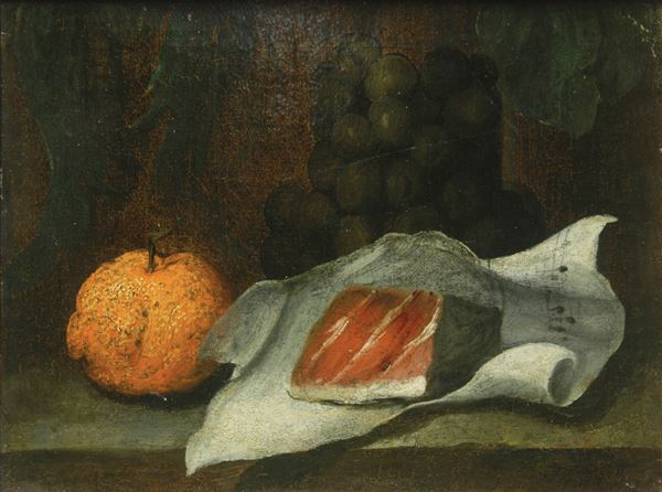 Scuola del XVII secolo Natura morta con arancia, carne e spartito musicale