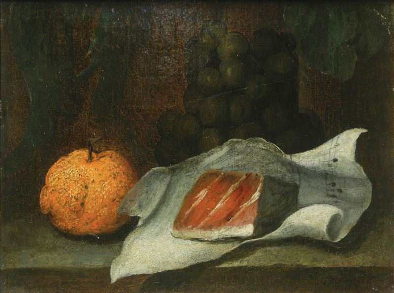 Scuola del XVII secolo Natura morta con arancia, carne e spartito musicale  - olio su tela - Auction Old Masters - Cambi Casa d'Aste